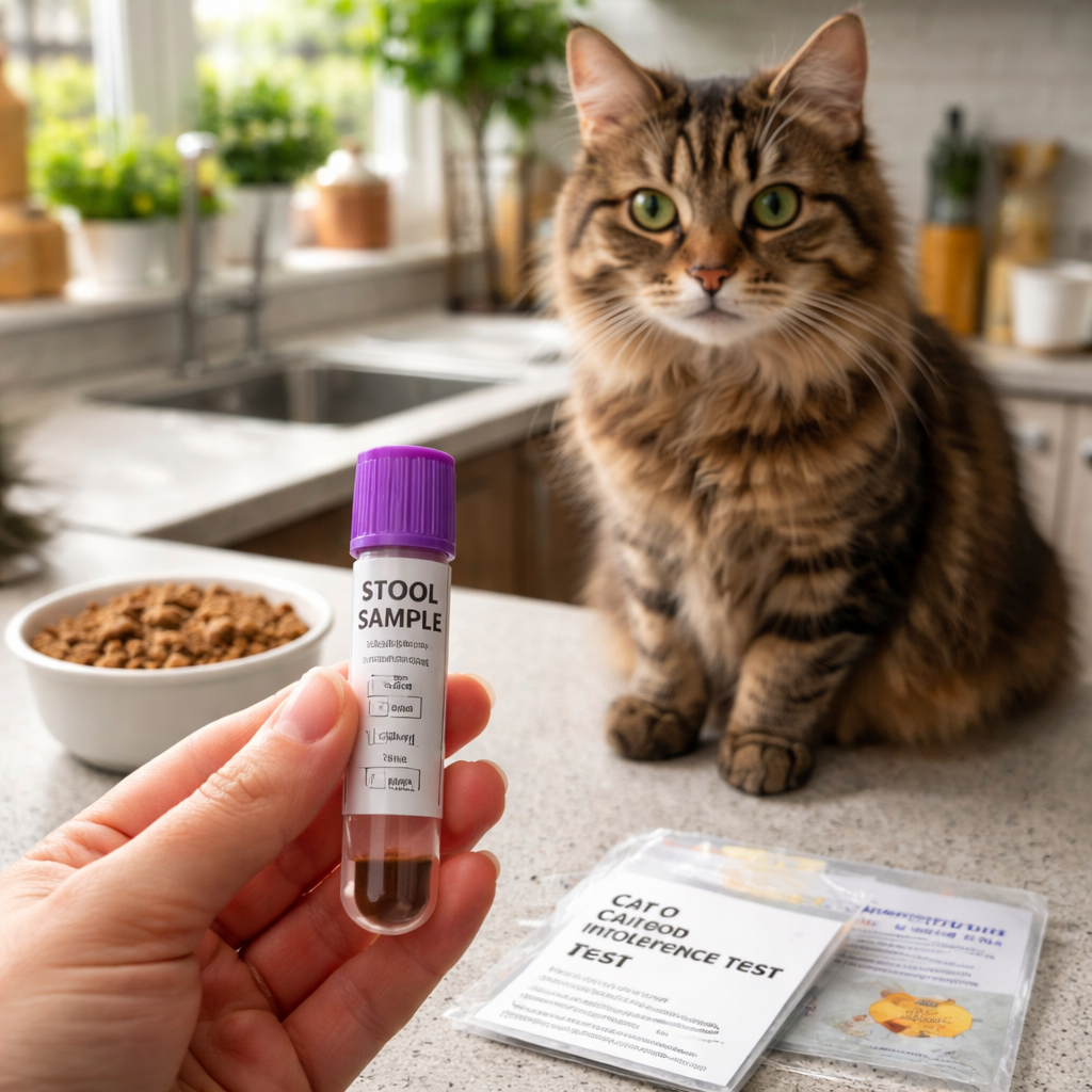 A photorealistic image of a hand holding a small cat stool sample tube on a kitchen counter, with a cat nearby. Alt: cat food intolerance test results sample collection.