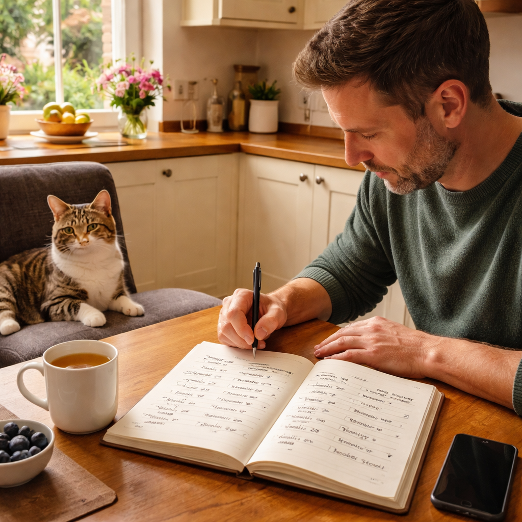A photorealistic scene of a British homeowner sitting at a kitchen table, writing in a simple diary while a relaxed cat watches from a nearby chair. The diary shows dates, foods, and notes on stool consistency. Alt: cat food intolerance test results monitoring diary in a UK home setting.