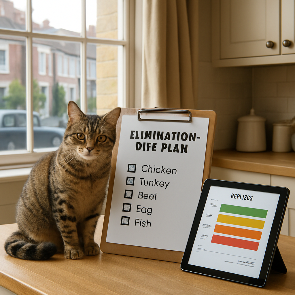 photorealistic UK kitchen scene showing a cat beside a labelled elimination-diet plan on a clipboard, daylight streaming through a sash window in a British kitchen, with a tablet beside showing a colour-coded results chart. Alt: Cat food sensitivity test uk elimination plan in a cosy British kitchen.