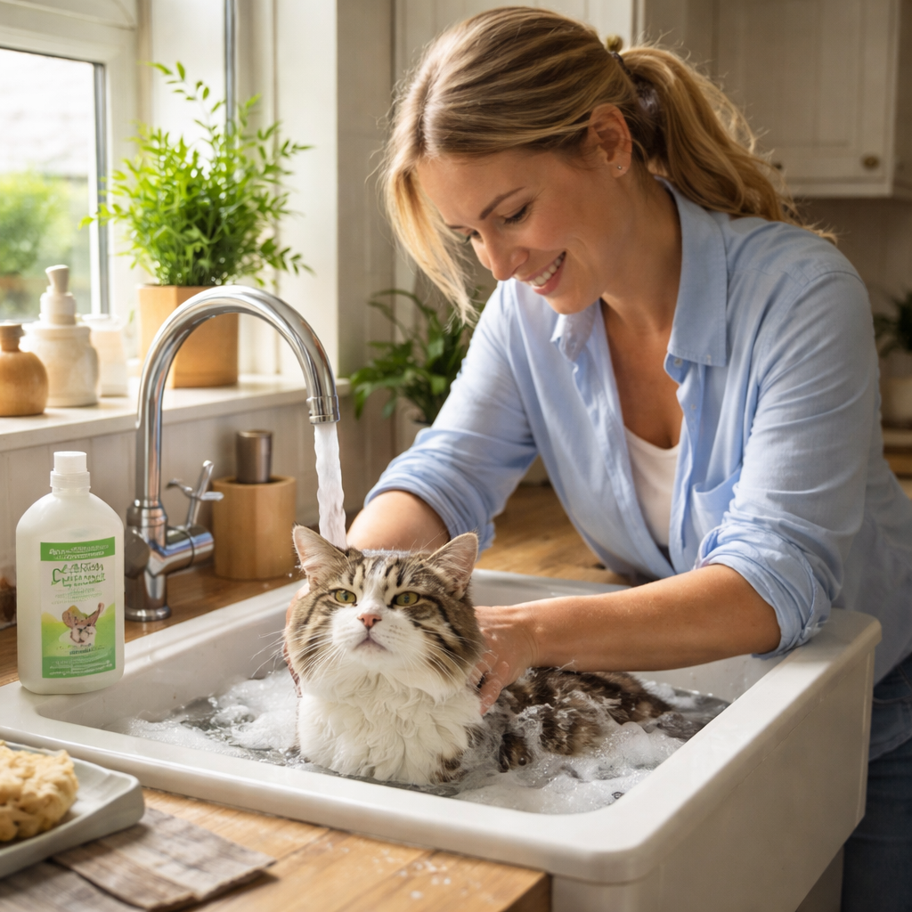 A photorealistic scene of a British homeowner gently bathing a cat in a kitchen sink, soft natural light, the cat looking relaxed, a bottle of hypoallergenic cat shampoo visible on the counter. Alt: cat itchy skin after eating uk home care.