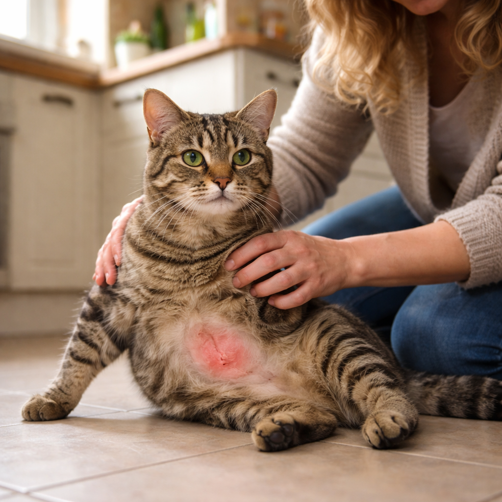 A photorealistic scene of a British cat sitting on a kitchen floor, its skin showing mild redness on the belly, a concerned owner gently patting it, soft natural light from a window. Alt: cat itchy skin after eating uk, owner checking skin.