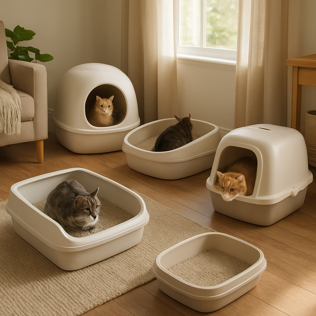 A cozy corner of a living room with multiple cat litter boxes of different styles, each positioned near a low‑traffic area, soft natural light streaming in, cats comfortably using them. Alt: cat litter box for multiple cats setup guide