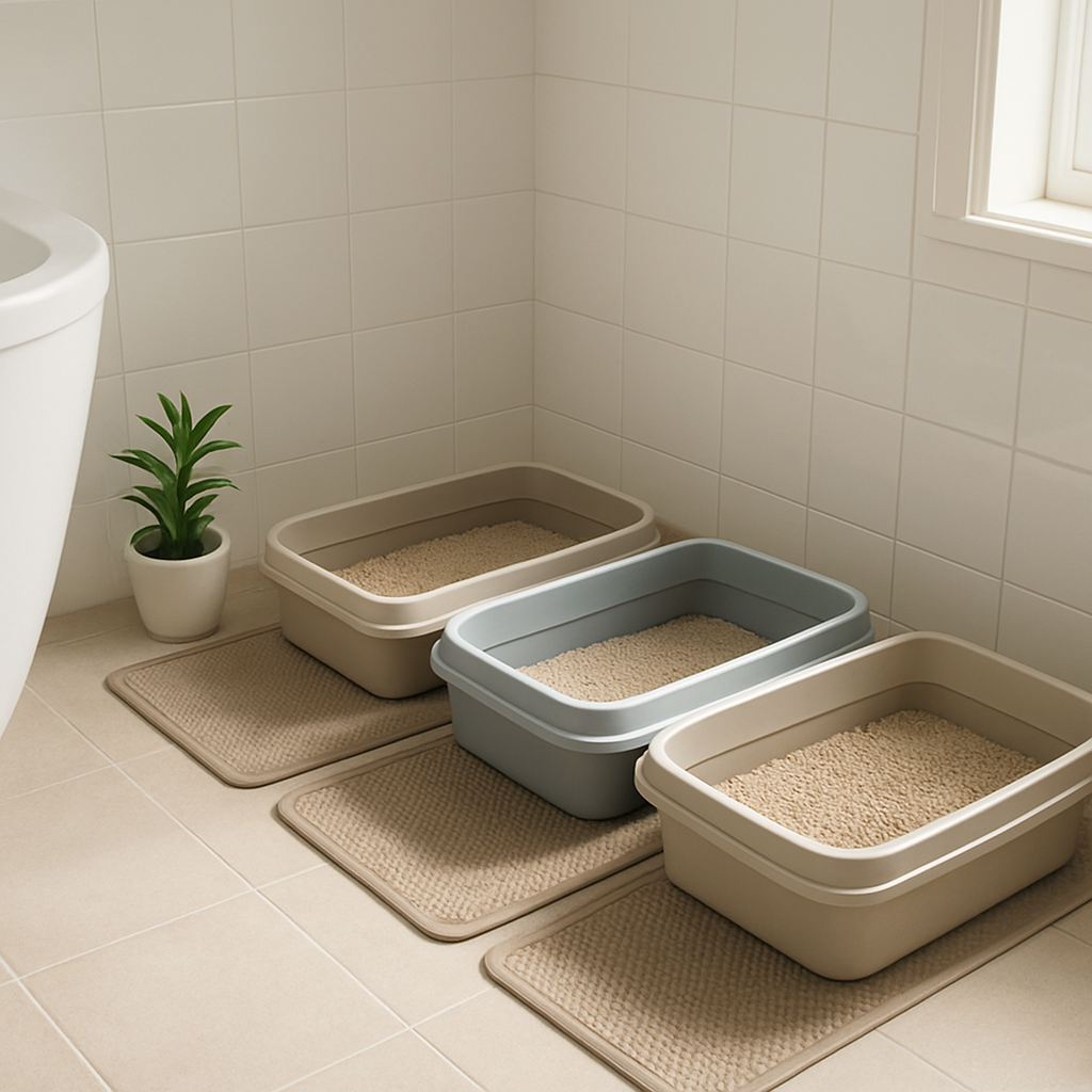 A bright, tidy bathroom corner with three cat litter boxes, each on a low‑friction mat, soft natural light streaming in, showing clean litter and a small plant beside the boxes. Alt: cat litter box for multiple cats clean odor control setup