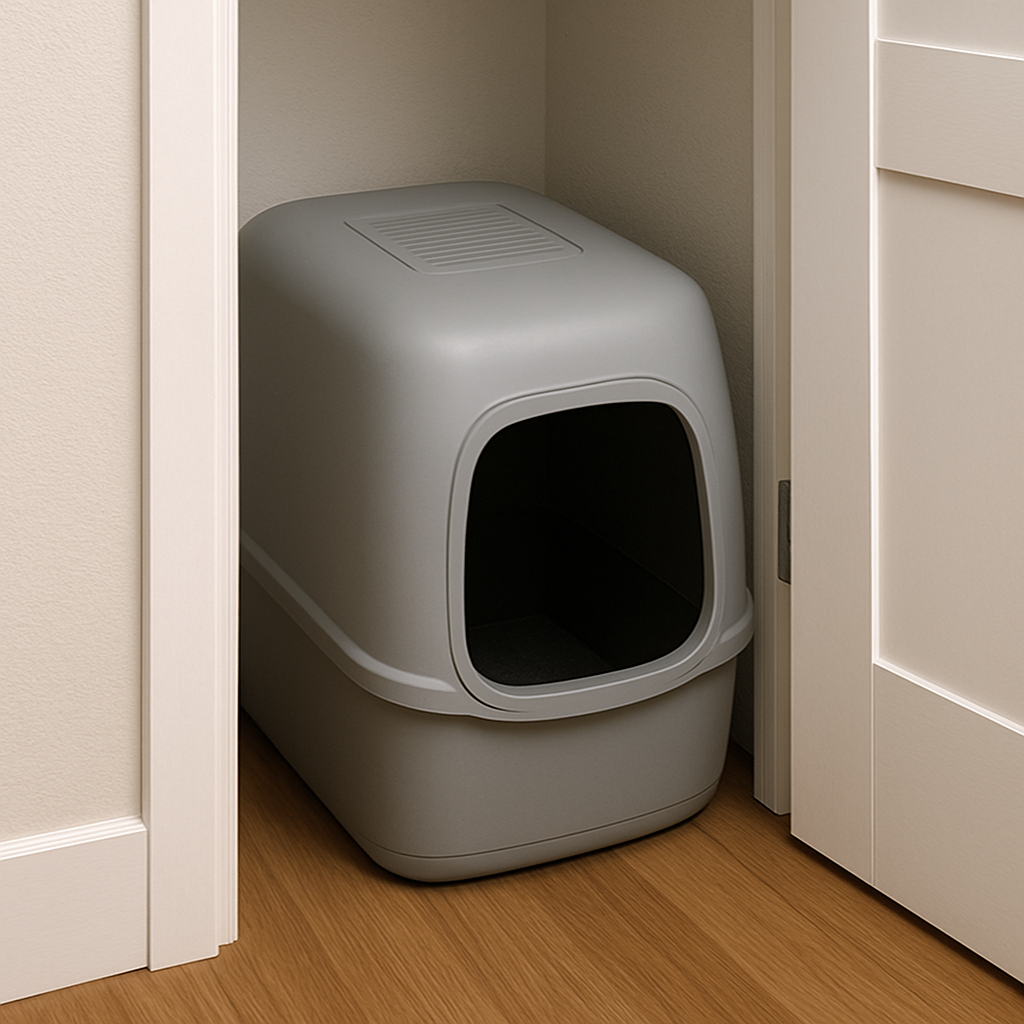A modern, compact cat litter box tucked into a narrow hallway closet, with a sleek covered design and a subtle vent. Alt: compact covered cat litter box for small spaces, sleek design, space‑saving solution