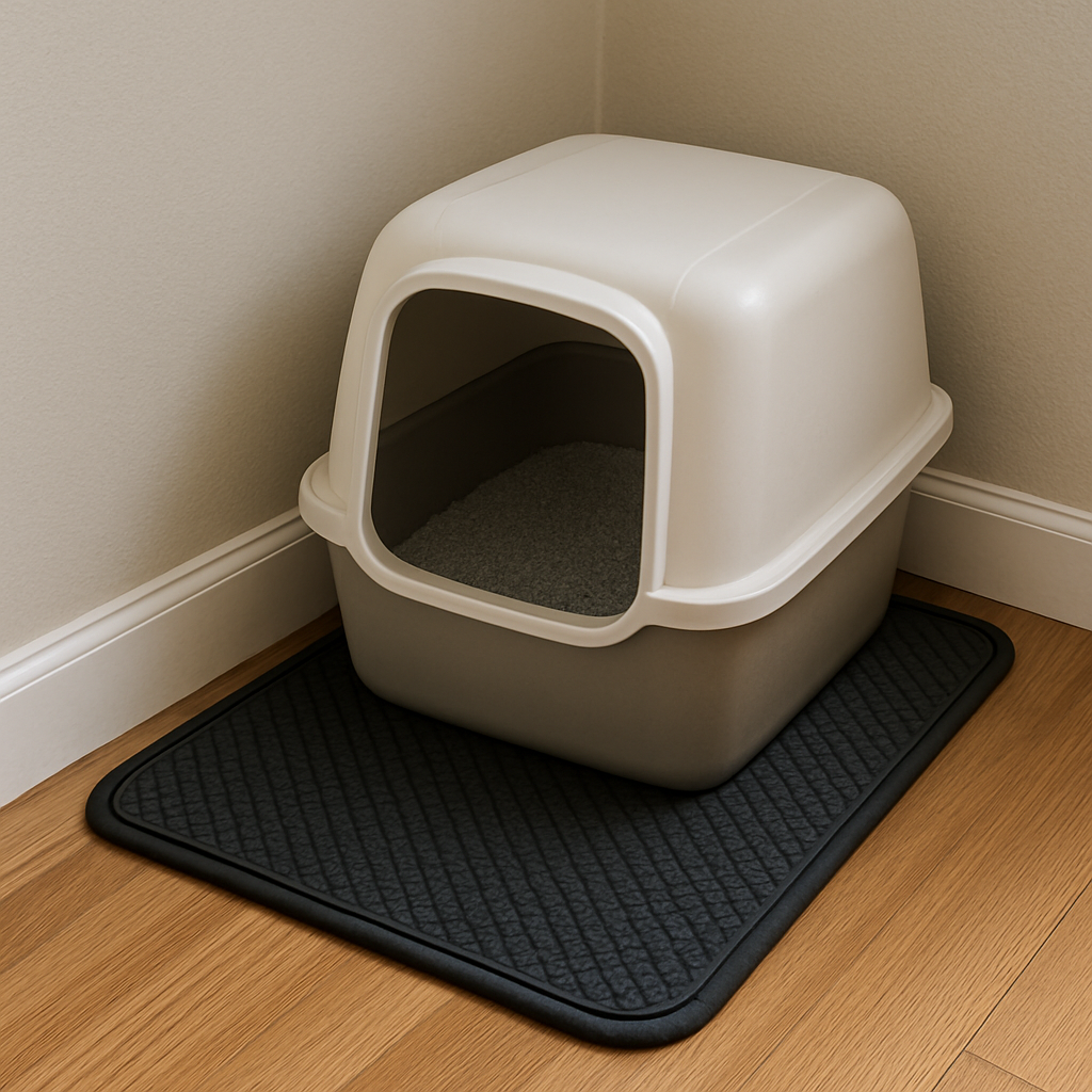 A compact cat litter box tucked into a studio corner with a rubber mat, showing a tidy setup. Alt: cat litter box for small spaces