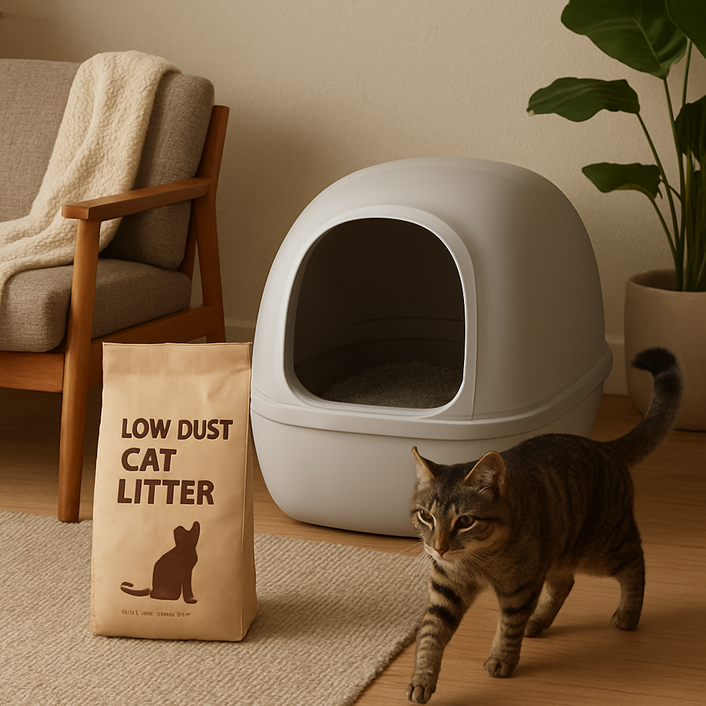 A cozy living room corner with a modern cat litter box, a bag of low‑dust litter, and a cat casually walking by. Alt: cat litter box subscription assessment guide