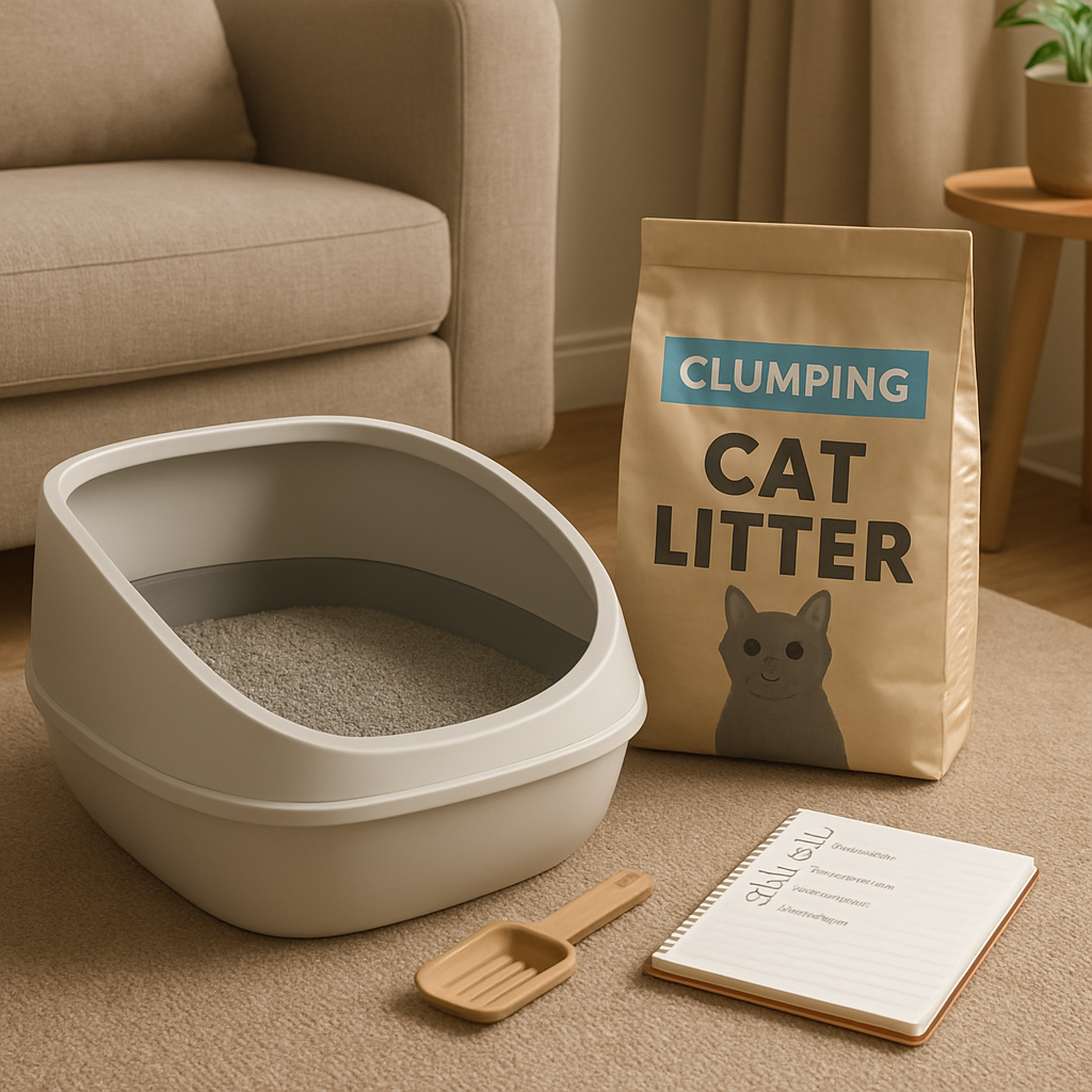 A cozy living room corner showing a sleek cat litter box with a bag of clumping litter, a small wooden scoop, and a notebook with a checklist beside it. Alt: Choosing the right cat litter type for a subscription service.