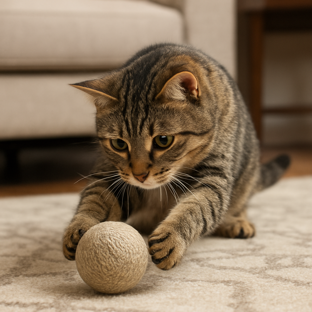 A cat playing with a textured ball toy on a living room rug. Alt: Cat scratching ball toy in action.