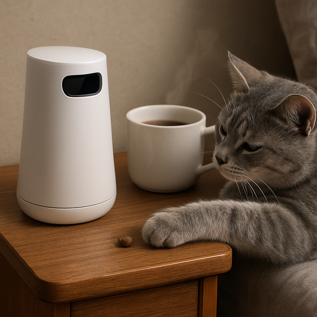A sleek, compact cat treat dispenser sitting on a small nightstand beside a steaming mug of coffee, with a sleepy cat reaching for a treat. Alt: CozyCat battery‑powered treat dispenser ideal for small spaces, quiet, portable cat treat dispenser automatic