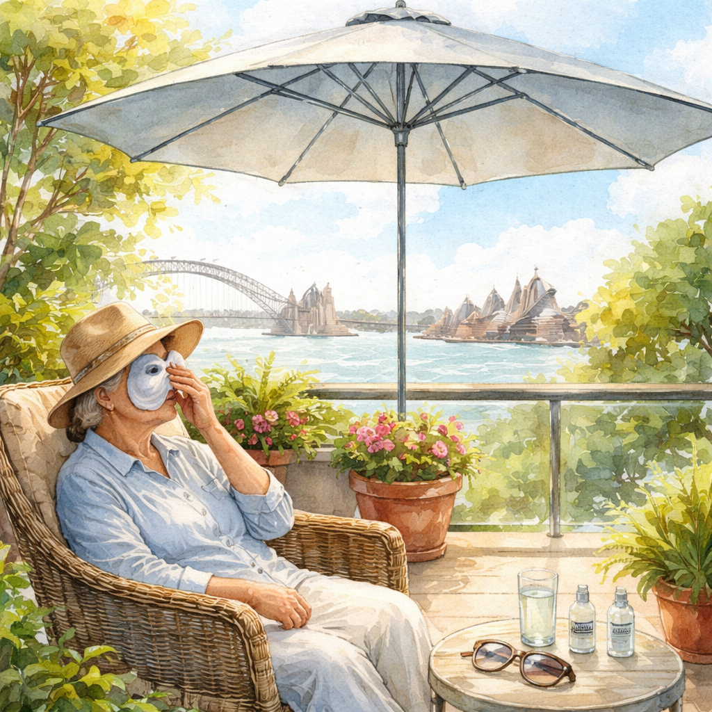 A watercolor painting of a calm bedroom scene at night, showing a patient lying on a pillow with an eye shield, a bedside table with eye drop bottle, and soft sunlight filtering through a UV‑blocking umbrella visible through a window. Alt: Immediate post‑surgery cataract recovery timeline illustration.