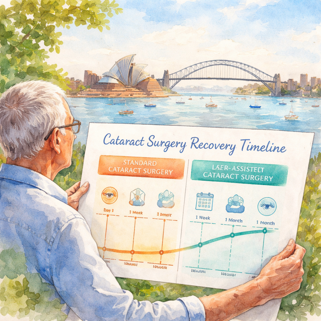 A soft watercolor painting of a sunny Sydney balcony with a comfortable chair, a sleek Umbrello umbrella providing shade, and a person reading a newspaper while wearing UV‑blocking sunglasses. The scene subtly includes a calendar marking weeks 4, 8, and 12 to illustrate the cataract recovery timeline. Alt: cataract recovery timeline watercolor illustration showing gradual healing milestones under protective shade.