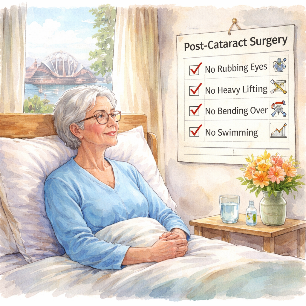 A watercolor painting of a patient gently sitting up in a bright Sydney bedroom, a soft pillow behind their back, a small water glass on a bedside table, and a calendar with a checklist of activity restrictions. Alt: cataract surgery activity restrictions checklist illustration.
