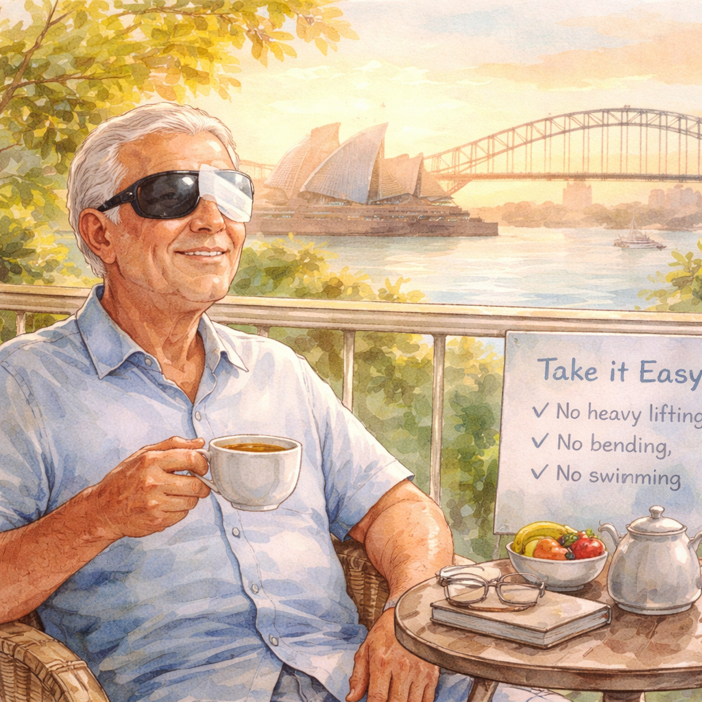 A watercolor illustration of a relaxed Sydney retiree wearing sunglasses and an eye shield while sipping tea on a balcony, with gentle sunrise light and a subtle reminder of cataract surgery activity restrictions. Alt: senior enjoying clear vision after cataract surgery.