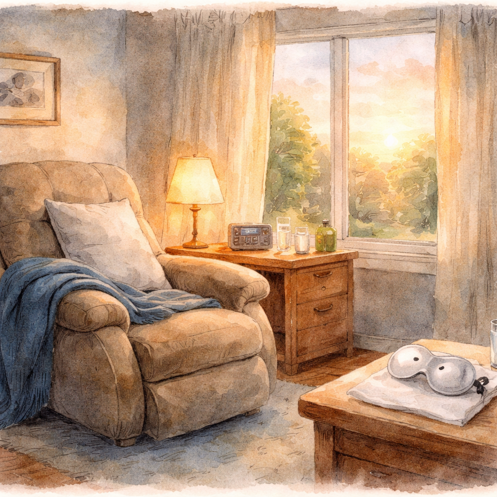 A watercolor painting of a cozy bedroom with a recliner, soft lighting, an eye shield on a nightstand, and a gentle sunrise visible through a window. Alt: Comfortable post‑cataract recovery setting showing rest and low strain.
