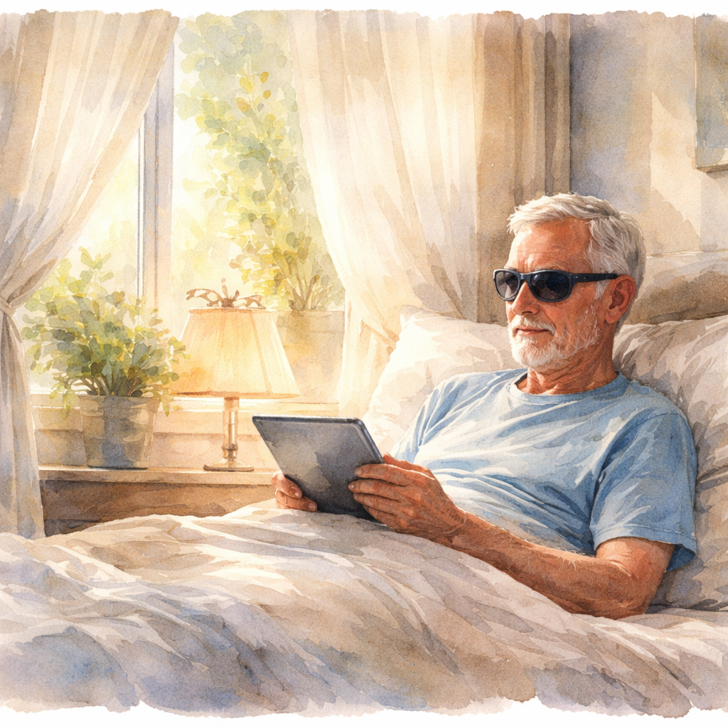 A Watercolor painting of a sunlit Sydney bedroom with soft curtains, a patient wearing indoor sunglasses while reading a tablet on a low‑light bedside lamp, showing a relaxed posture and gentle lighting. Alt: Managing light exposure after cataract surgery.