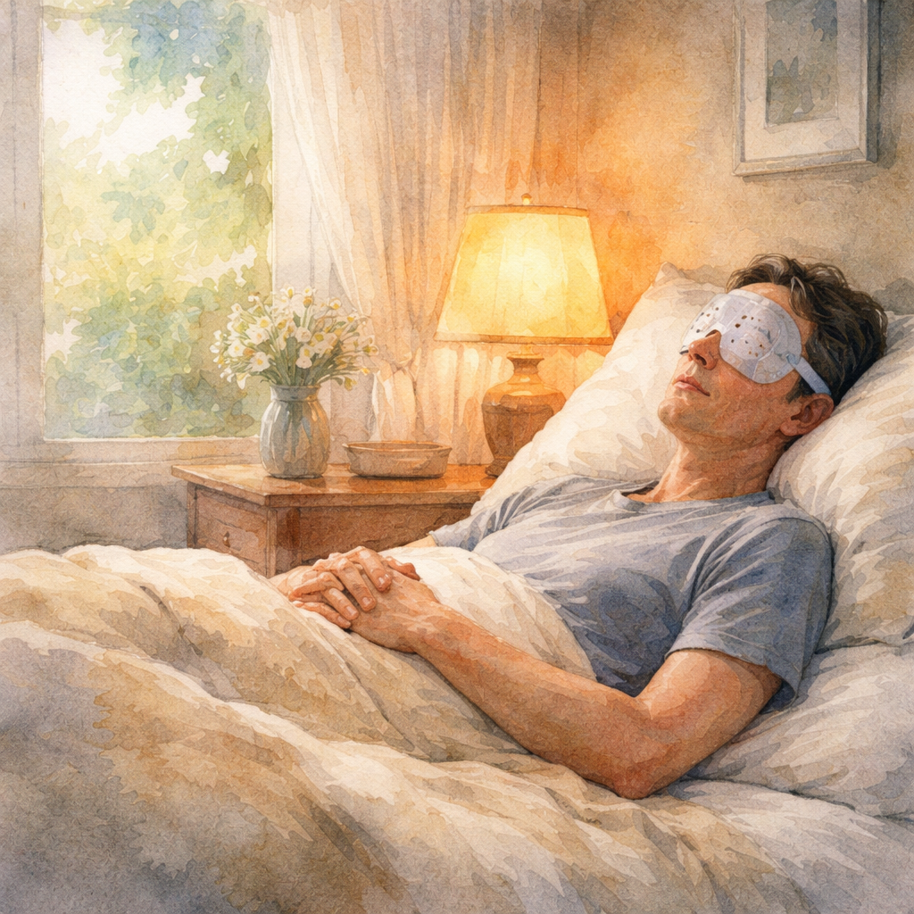 A watercolor painting of a relaxed bedroom with soft natural light, a patient resting on a comfortable pillow, wearing an eye shield, and a gentle bedside lamp casting a warm glow. Alt: Resting after cataract surgery with limited light exposure in Sydney.