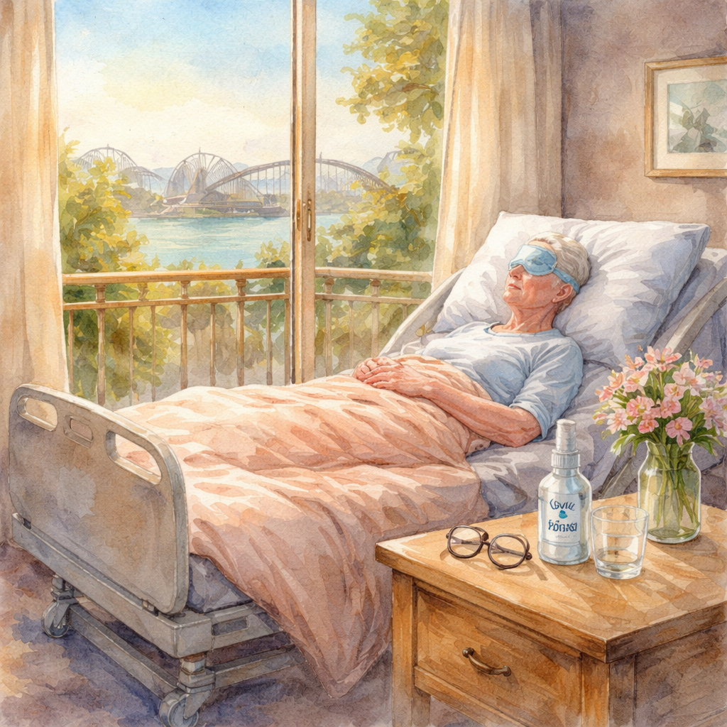 A watercolor painting of a cozy bedroom with a patient lying on an adjustable bed, soft morning light through a Sydney window, eye drop bottle on the bedside table, representing cataract surgery recovery. Alt: cataract surgery activity restrictions australia recovery bed scene.