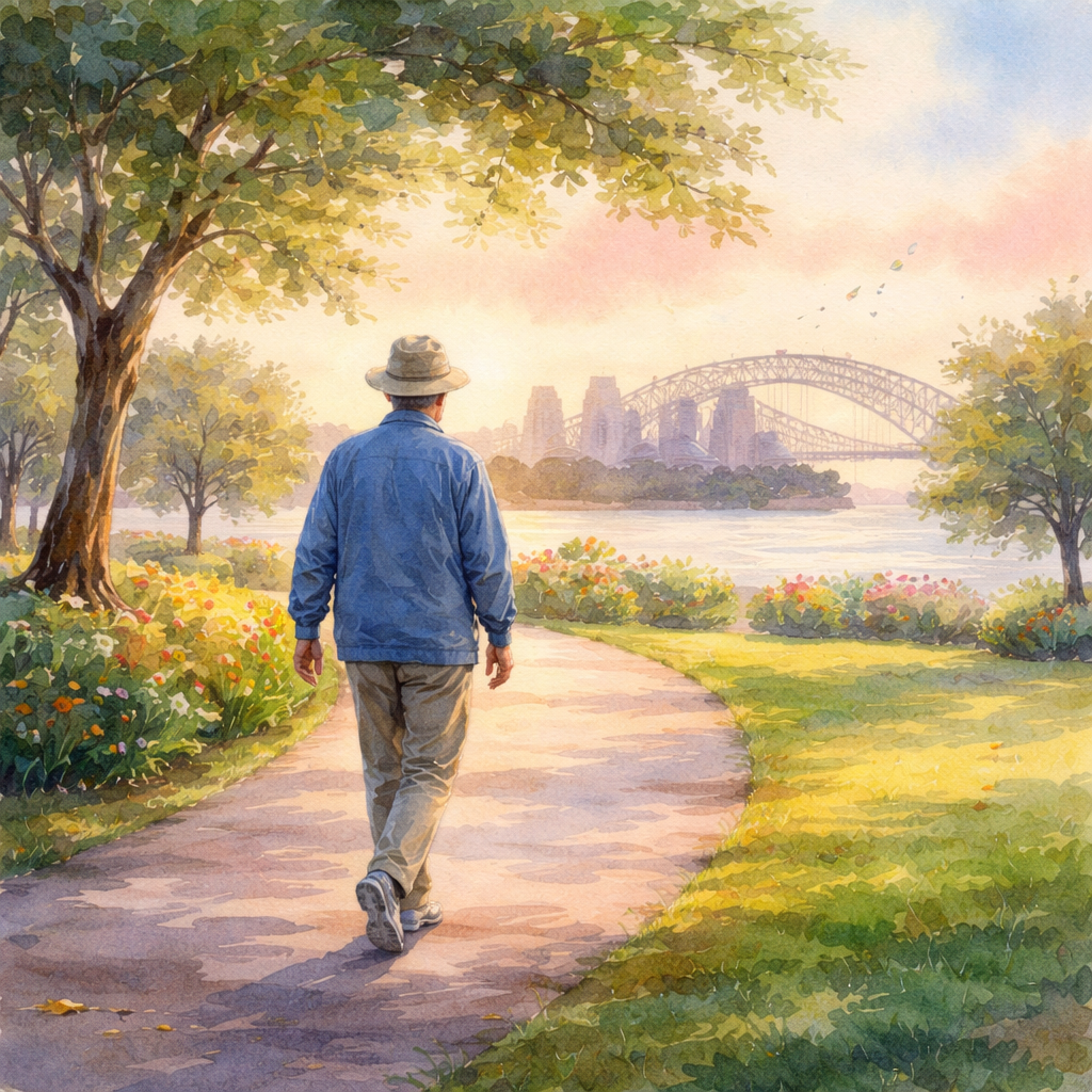 A watercolor painting of a person walking in a Sydney park with a gentle sunrise, representing gentle post‑op exercise after cataract surgery. Alt: cataract surgery activity restrictions australia – gentle exercise.