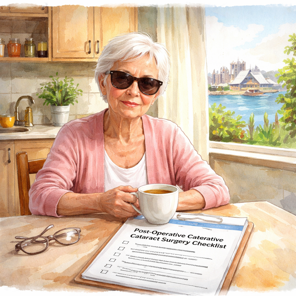 A watercolor painting of a patient sitting at a kitchen table with a printed post‑operative checklist, sunglasses on, and a cup of tea, showing a calm Sydney home setting. Alt: cataract surgery activity restrictions sydney guide with printable checklist.