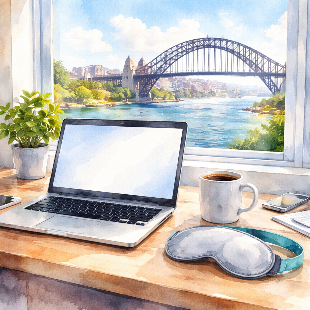 A Watercolor painting of a Sydney office desk with a laptop, a coffee mug, and a soft eye shield resting on the side, plus a window showing the Harbour Bridge. Alt: cataract surgery activity restrictions sydney – work, driving, exercise guide.