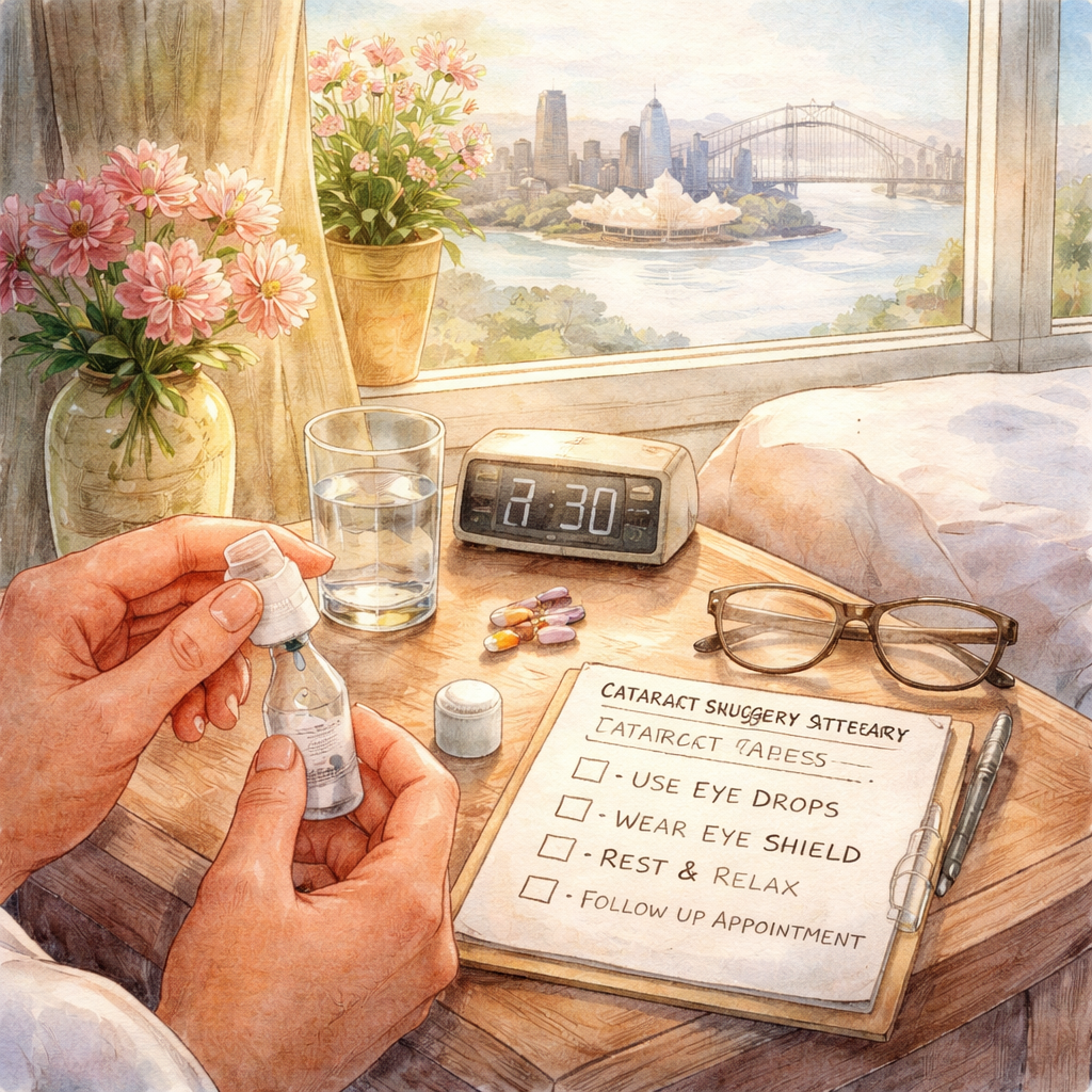 A watercolor painting of a patient resting on a couch with a soft eye shield on one eye, a bottle of eye drops on the bedside table, and a calm morning light filtering in, illustrating the first‑day cataract surgery aftercare checklist. Alt: cataract surgery aftercare first day visual guide.