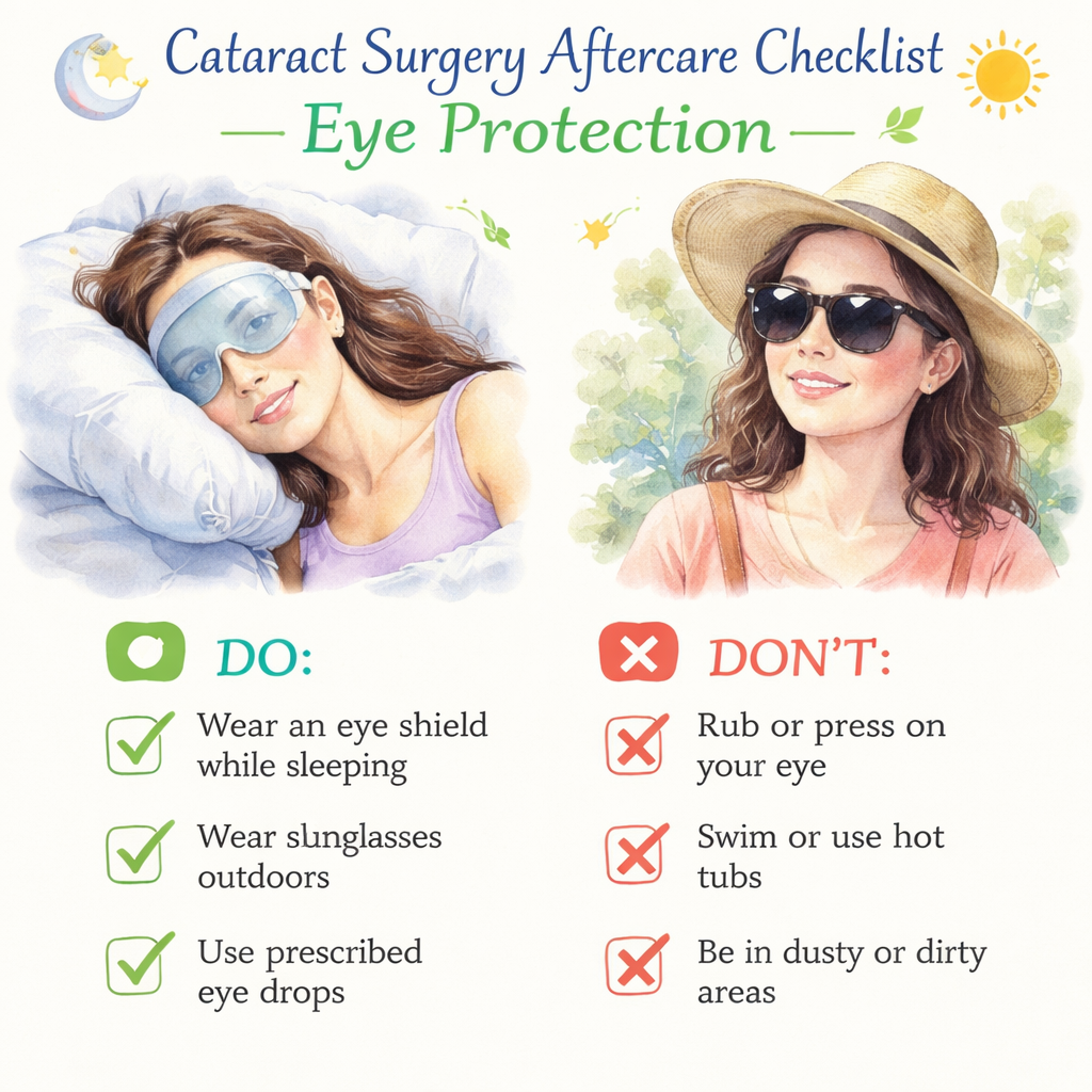 A watercolor painting of a sunny Sydney balcony with a person reading a book while wearing UV‑blocking sunglasses, a glass of water on the table, and a small potted plant. Alt: cataract surgery aftercare checklist long‑term eye health tips.