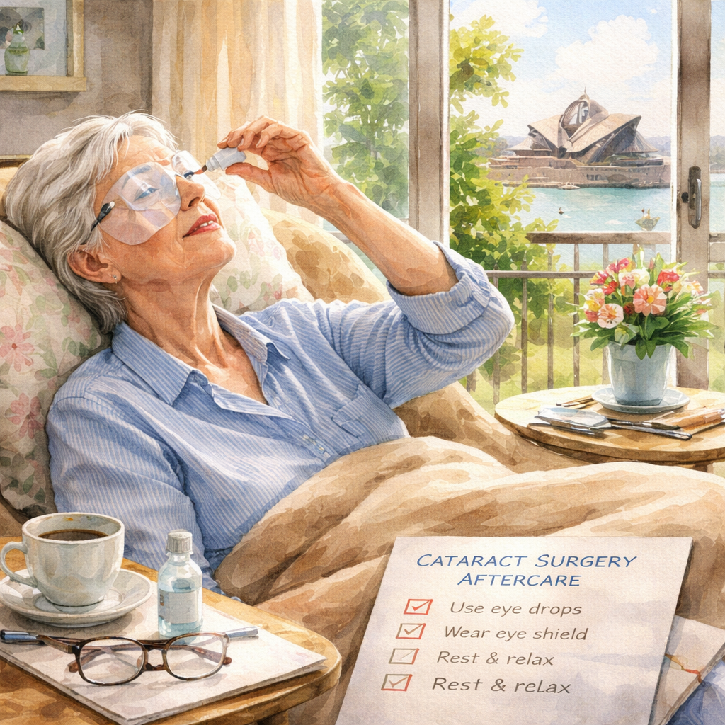 A watercolor painting of a patient in a cozy Sydney home, eye shield on, using eye drops, soft natural light, emphasizing gentle post‑op care. Alt: cataract surgery aftercare checklist sydney immediate care