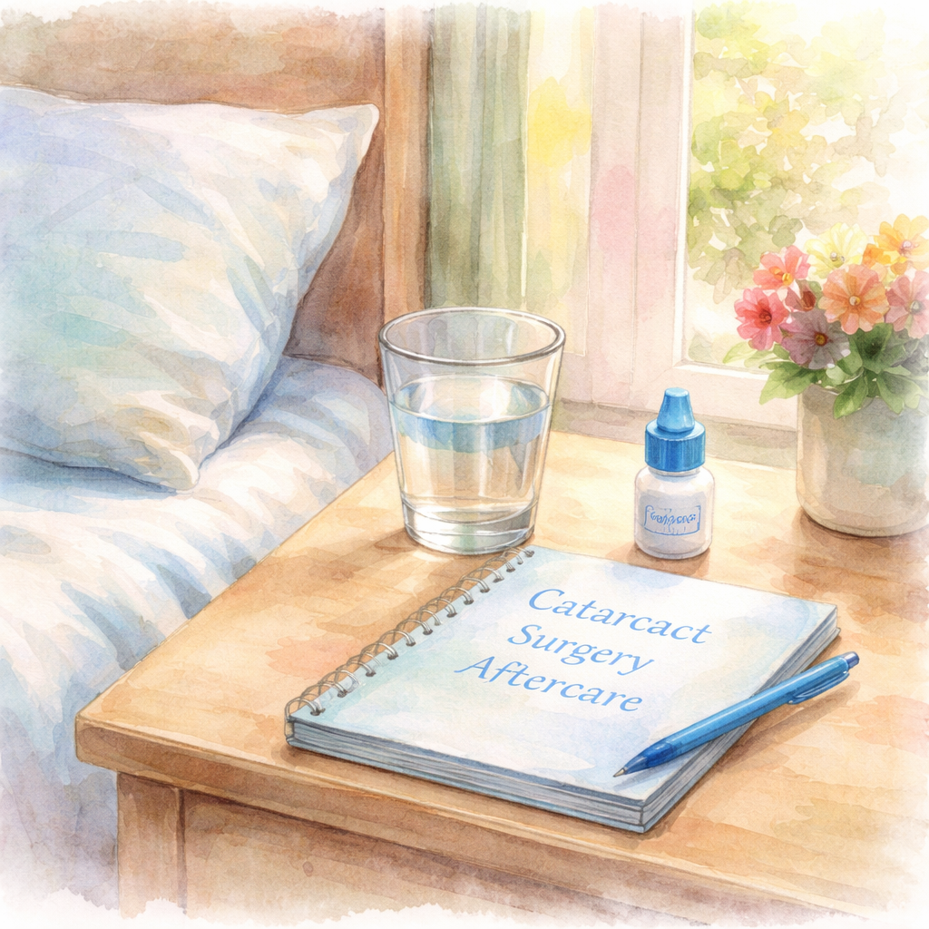 A soft watercolor painting of a calm bedroom corner with a nightstand holding eye drops, a glass of water, and a small notebook titled "Cataract Surgery Aftercare". Light from a window casts gentle pastel tones, evoking a soothing recovery setting. Alt: Calm bedroom setup for cataract surgery aftercare for diabetic patients.