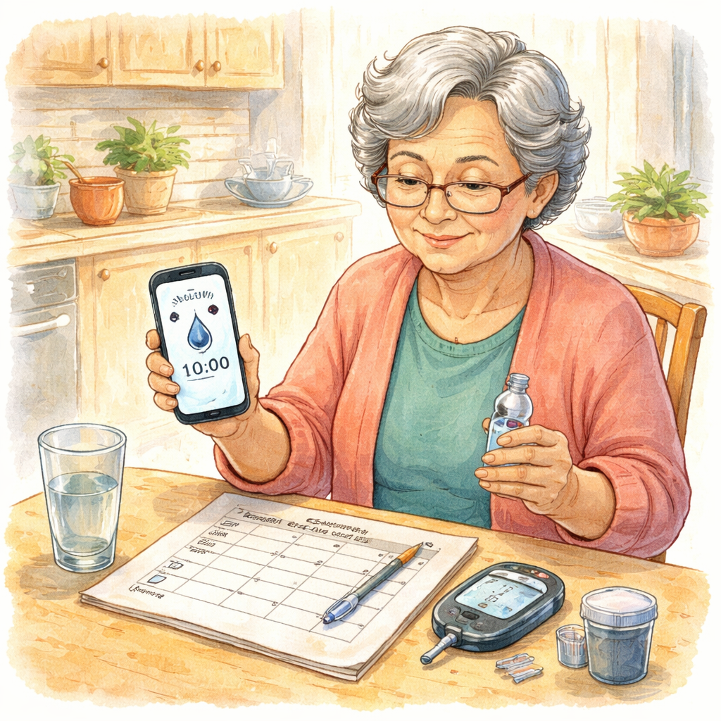 A watercolor illustration of a diabetic patient sitting at a kitchen table, holding a phone alarm and an eye‑drop bottle, with a simple log sheet beside them. Alt: cataract surgery aftercare for diabetic patients eye‑drop schedule and monitoring.