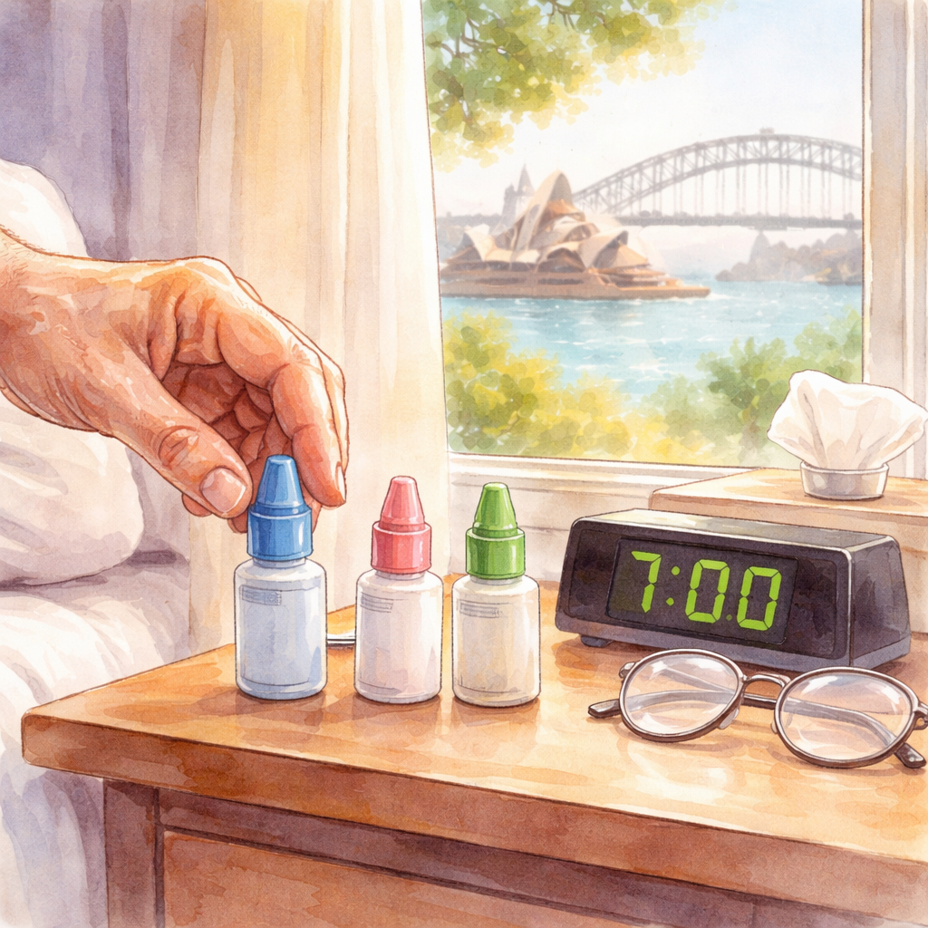 A watercolor painting of a hand placing eye‑drop bottles on a nightstand beside a bedside alarm clock, with a soft focus view of a Sydney window in the background. Alt: cataract surgery eye drop schedule illustration in watercolor style.