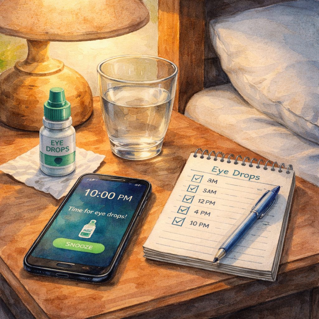 Watercolor painting of a bedside table at night with an eye‑drop bottle, a phone alarm screen, and a simple notebook, illustrating a patient following their cataract surgery eye drop schedule. Alt: Patient managing eye drops and side effects.