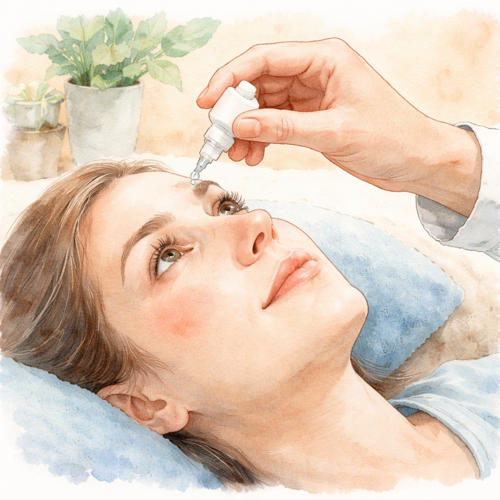 Watercolor illustration of a hand applying eye drops to a patient’s eye, focusing on gentle technique and calm setting. Alt: step‑by‑step eye‑drop application guide