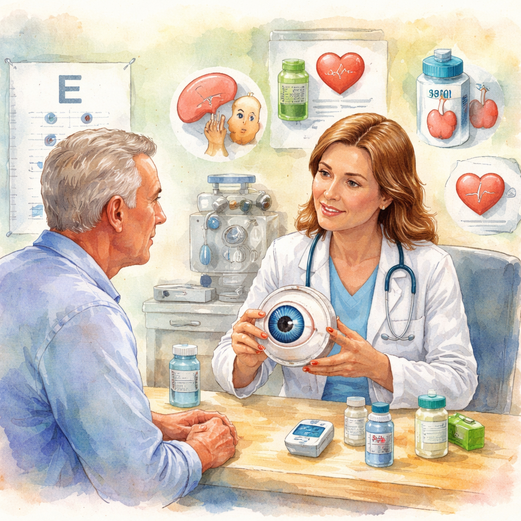 Watercolor scene of a patient consulting with an eye surgeon, emphasizing personalized care and the importance of managing systemic conditions during eye‑drop therapy. Alt: special‑case eye‑drop management illustration