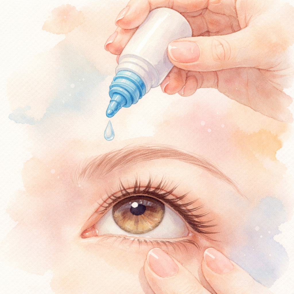 Watercolor illustration of a hand holding an eye‑drop bottle above a gentle eye, soft pastel colors, alt: eye‑drop application guide