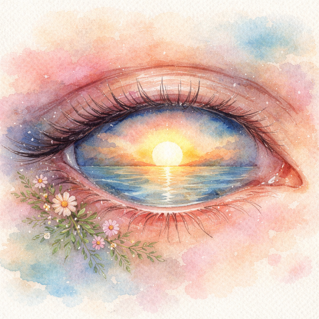 Watercolor scene of a sunrise over a calm eye, representing healing progress, alt: eye healing over weeks