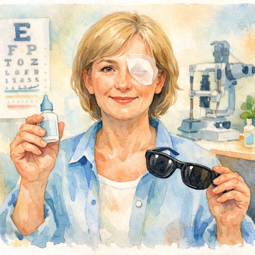 Watercolor illustration of a patient holding eye drops and sunglasses, with a calm clinic background. Alt: cataract surgery follow up preparation with eye drops and sunglasses