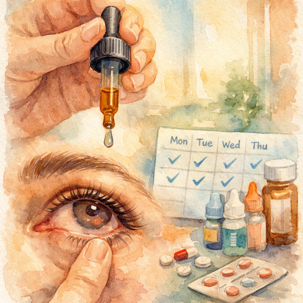 Watercolor scene showing a hand holding a dropper bottle over an eye, with gentle lighting. Alt: managing cataract surgery eye drops and medication schedule
