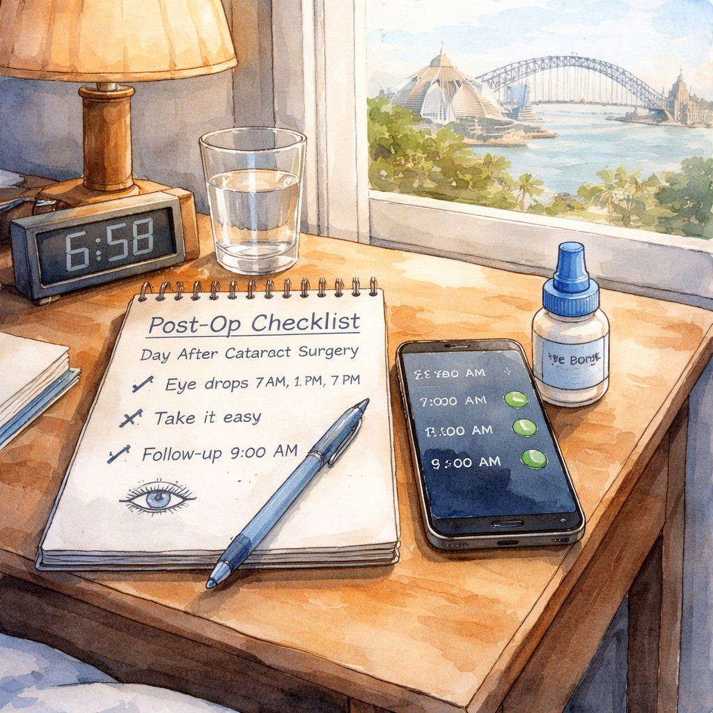 A watercolor painting of a bedside nightstand with a small notebook, a phone displaying alarm icons, and a bottle of eye‑drop medication, set in a Sydney apartment, illustrating the immediate post‑op check routine for cataract surgery follow up schedule. Alt: Nightstand recovery checklist for day‑after cataract surgery.