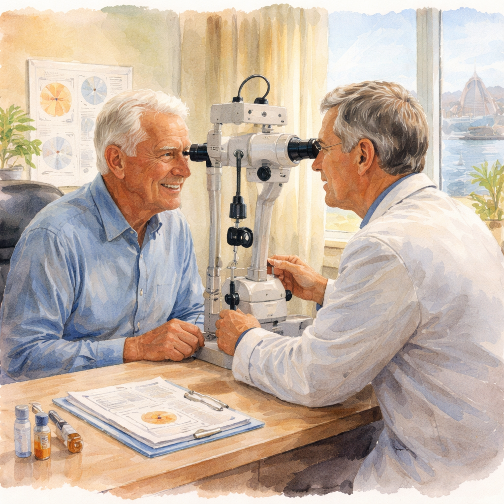 A Watercolor painting showing a patient in a Sydney clinic three months after cataract surgery, sitting with an eye doctor at a slit lamp, charts on the desk, soft morning light, watercolor style. Alt: Three‑month post‑op vision assessment in a Sydney clinic.