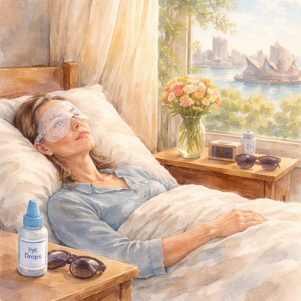 A soft watercolor painting of a cozy bedroom scene at night, showing a patient lying on a recliner with a gentle head pillow, a protective eye shield on one eye, a bedside table with eye drop bottle, a glass of water, and a smartphone displaying a reminder alarm. The style is calm and soothing, reflecting post‑cataract surgery preparation in a Sydney home setting. Alt: Watercolor illustration of post‑cataract surgery preparation, showing head elevation, eye shield, and recovery kit.