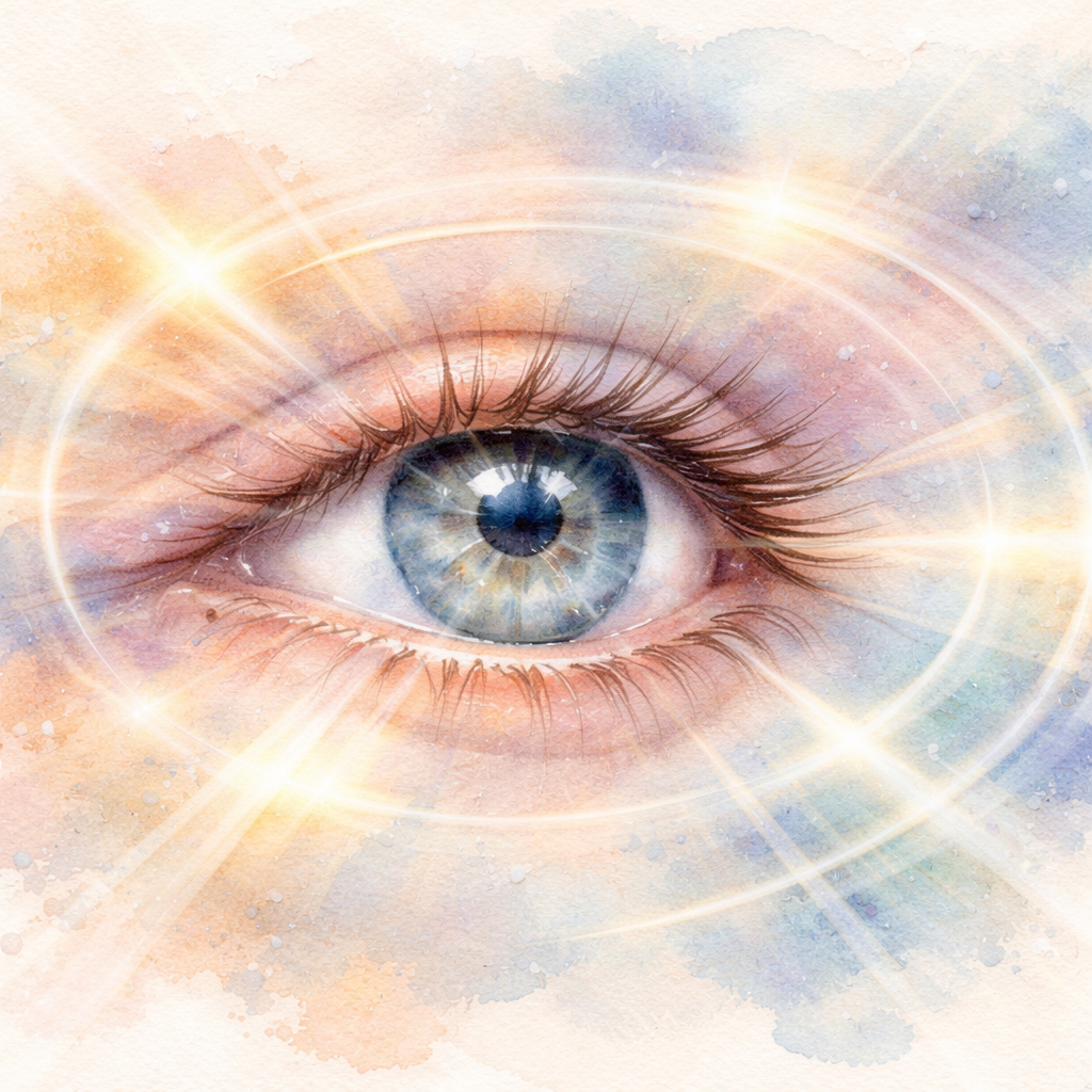 A gentle watercolor illustration of a eye with soft light rays and subtle halos, representing visual fluctuations after cataract surgery. Alt: visual fluctuations after cataract surgery watercolor illustration