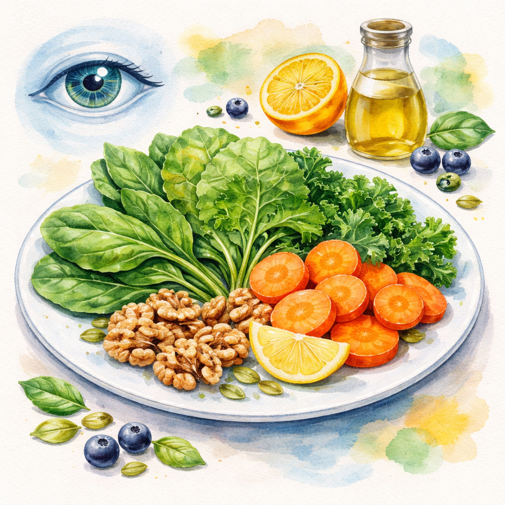 Watercolor scene of a balanced plate with leafy greens, orange carrots, and walnuts, symbolizing eye‑healthy nutrition after cataract surgery. Alt: eye‑healthy foods watercolor illustration
