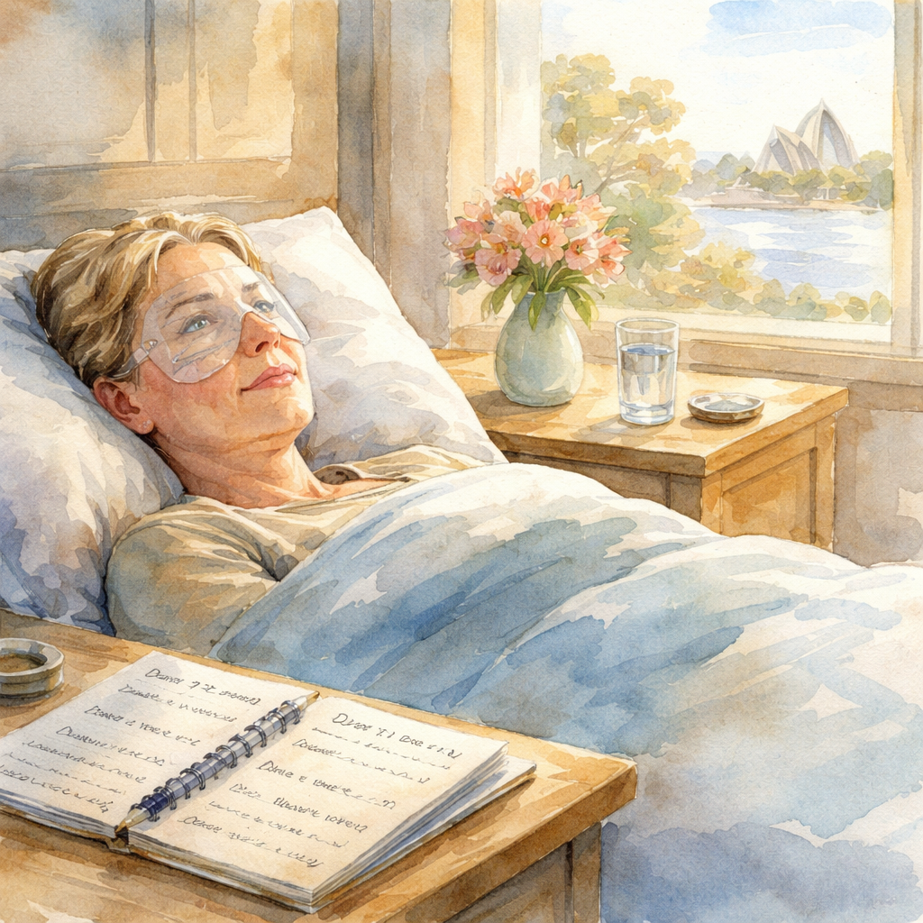 A watercolor painting of a calm Sydney bedroom with a patient resting on a pillow, eye shield visible, soft morning light filtering through a window, highlighting the healing eye and a bedside notebook for tracking recovery milestones. Alt: cataract surgery recovery time milestones in a watercolor style.
