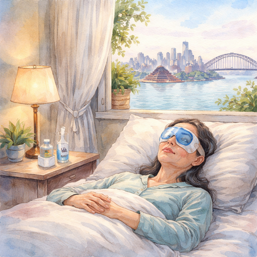 A watercolor painting of a calm bedroom scene with a patient resting, eye shield on, a nightstand holding eye drops and a glass of water, soft Sydney skyline visible through a window. Alt: cataract surgery preparation and recovery tips Sydney