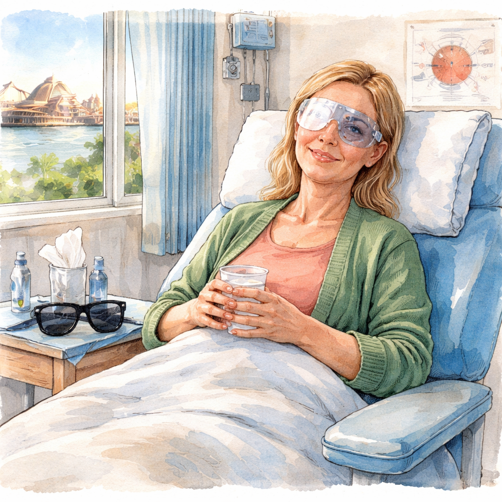 A watercolor painting of a patient in a Sydney eye clinic, sitting in a recovery chair with a protective eye shield and UV‑blocking sunglasses nearby. Alt: cataract surgery recovery time sydney day of surgery visual guide.