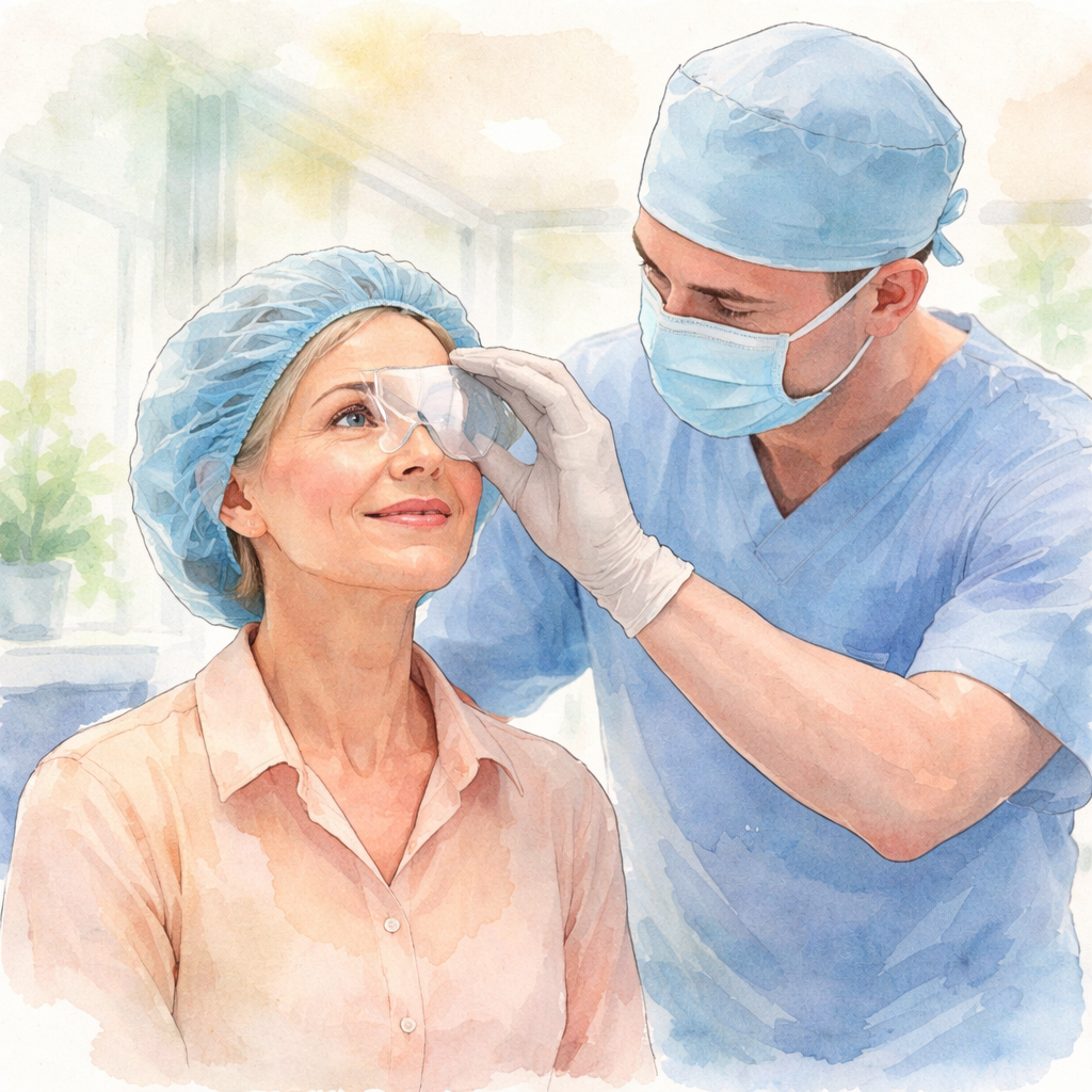 A watercolor style illustration of a patient sitting in a bright clinic, a surgeon gently placing an eye shield on the patient’s eye, soft pastel colours, alt="cataract surgery day experience"