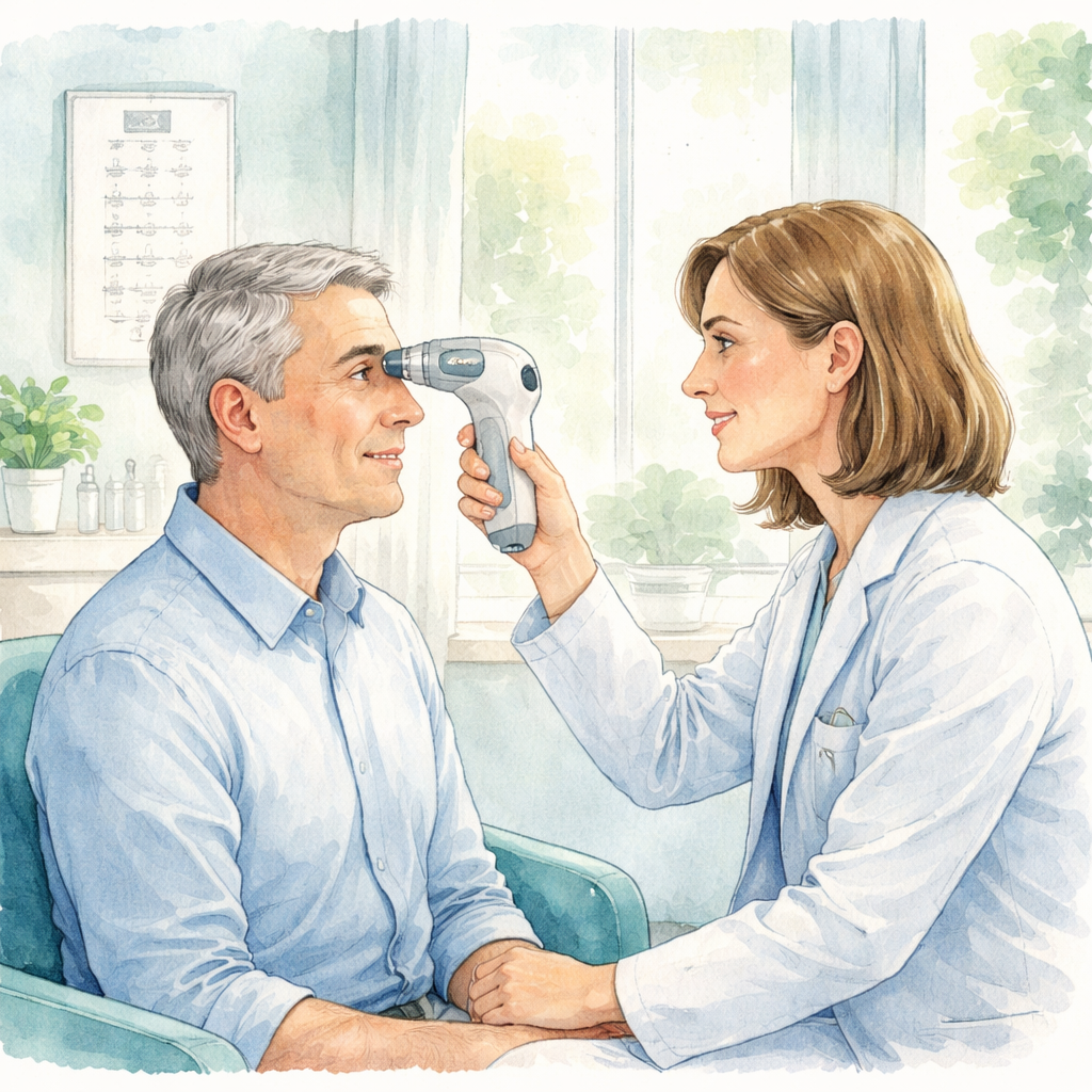 Watercolor illustration of a calm clinic room, a patient sitting in a chair with a doctor checking eye pressure using a handheld tonometer, soft blues and greens, alt=