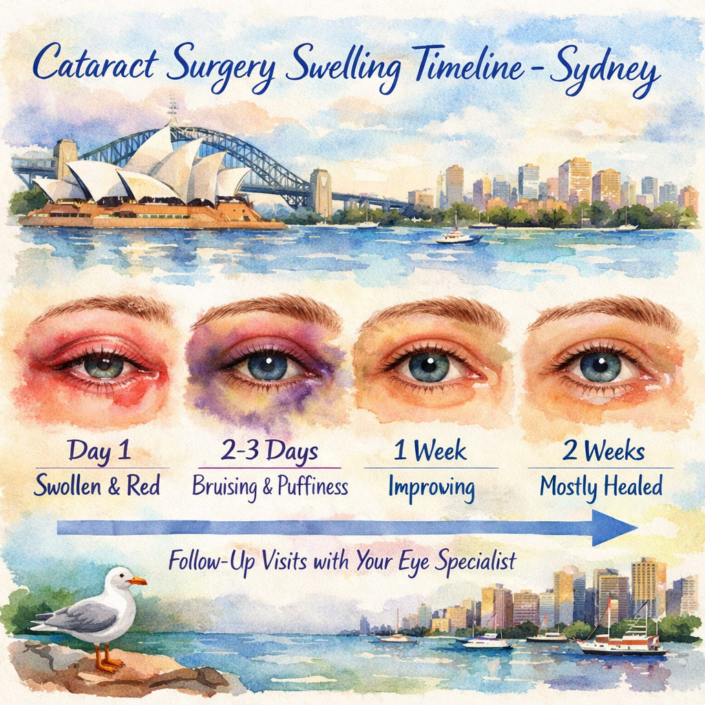 A photorealistic image related to cataract-surgery-swelling-timeline-sydney. Alt: cataract-surgery-swelling-timeline-sydney