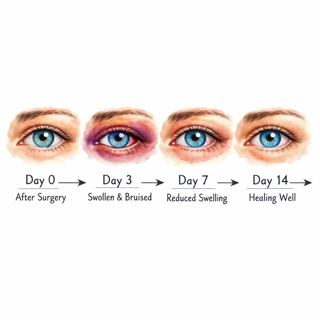 Watercolor illustration of an eye showing stages of swelling from day 0 to day 14, with simple labeled arrows. Alt: cataract surgery swelling timeline illustration