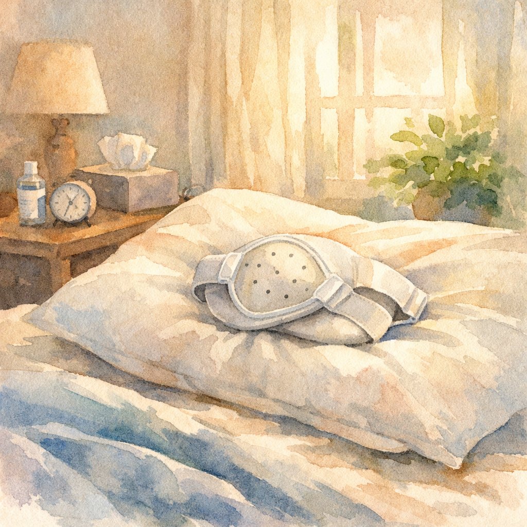 Watercolor illustration of a calm bedroom scene with an eye shield on a pillow, soft morning light, emphasizing rest and protection. Alt: cataract surgery first week rest visual.